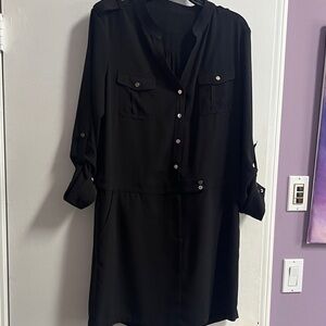 Women's Black Long-Sleeve Shirt Dress with Button Detail
